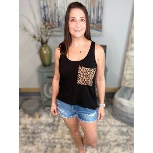 Scoop Neck Sleeveless Leopard Pocket Summer Floaty Tank Top Black 1022